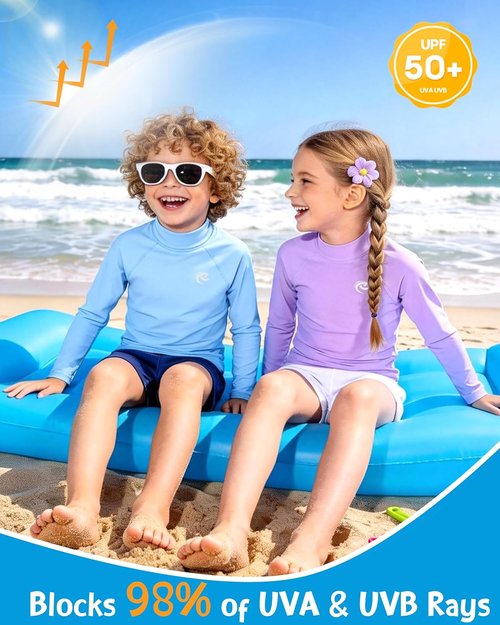 Boys' Long Sleeve Rash Guard, UPF 50+ Swim Shirt Toddler Kids, SPF UV Sun Protection Water Shirts for Beach Surf