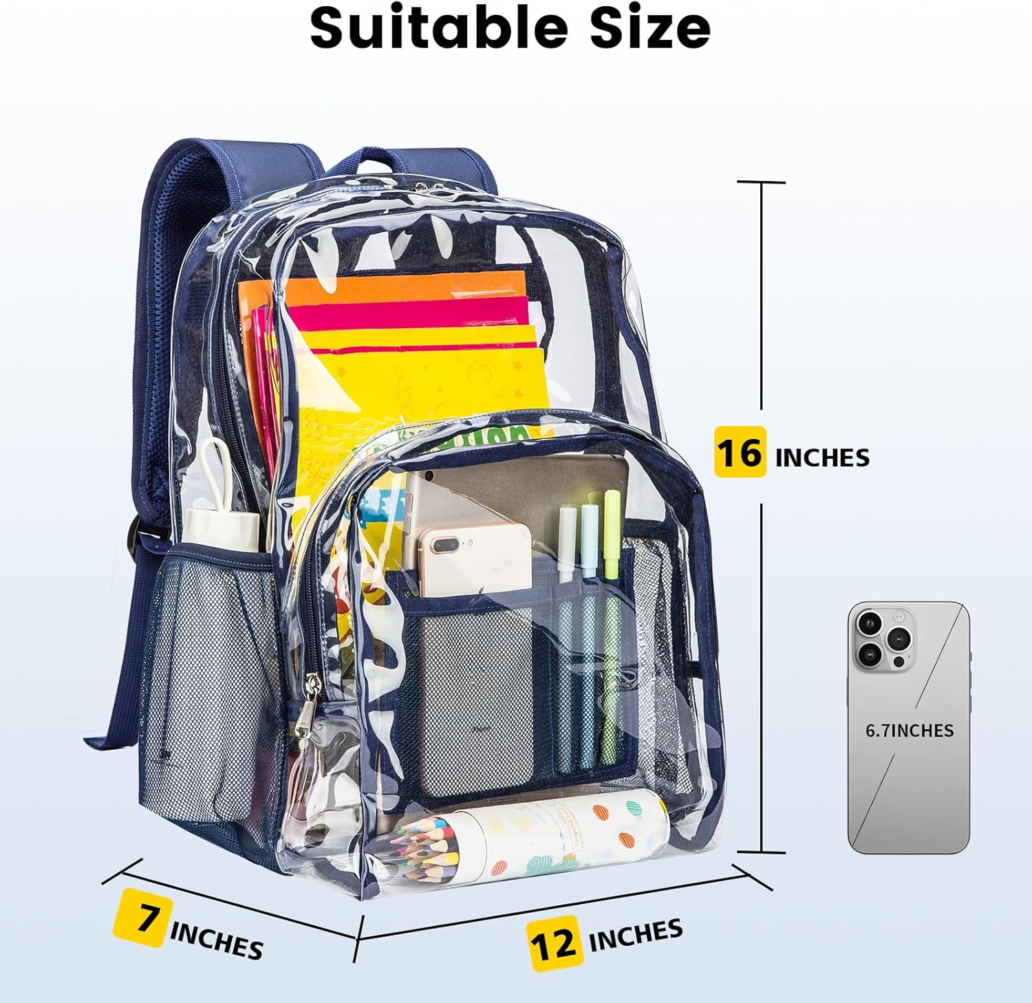 Vorspack Clear Backpack - Heavy Duty PVC with Reinforced Straps & Large Capacity | Navy Color