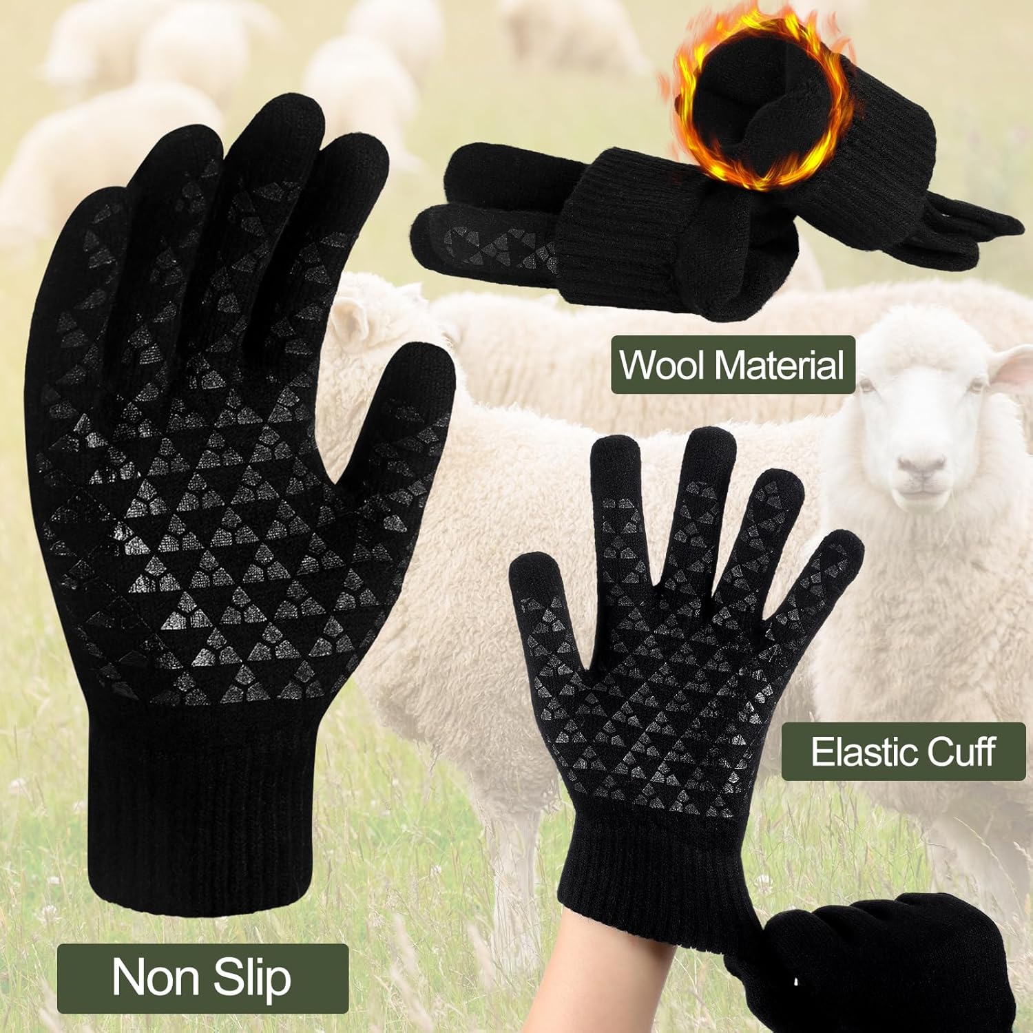 Skiennix Men's Wool Gloves - Non-Slip Grip for Cold Weather | 4 Pairs Tactical Warm Work Gloves
