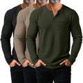August Alley 3 Pack Men's Waffle Henley Long Sleeve Thermal Shirts, Lightweight Casual Undershirts Pullover Tops with Pockets(Black, Coffee, Dark Army Green,Large)