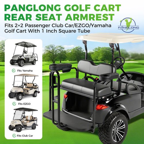 Panglong Golf Cart Armrest with Cup Holder Phone Bag, No Drilling Armrest Fits Yamaha Club Car EZGO Rear Seat with 1-Inch Square Tube, No Drilling PVC Leather Waterproof Armrest - Black