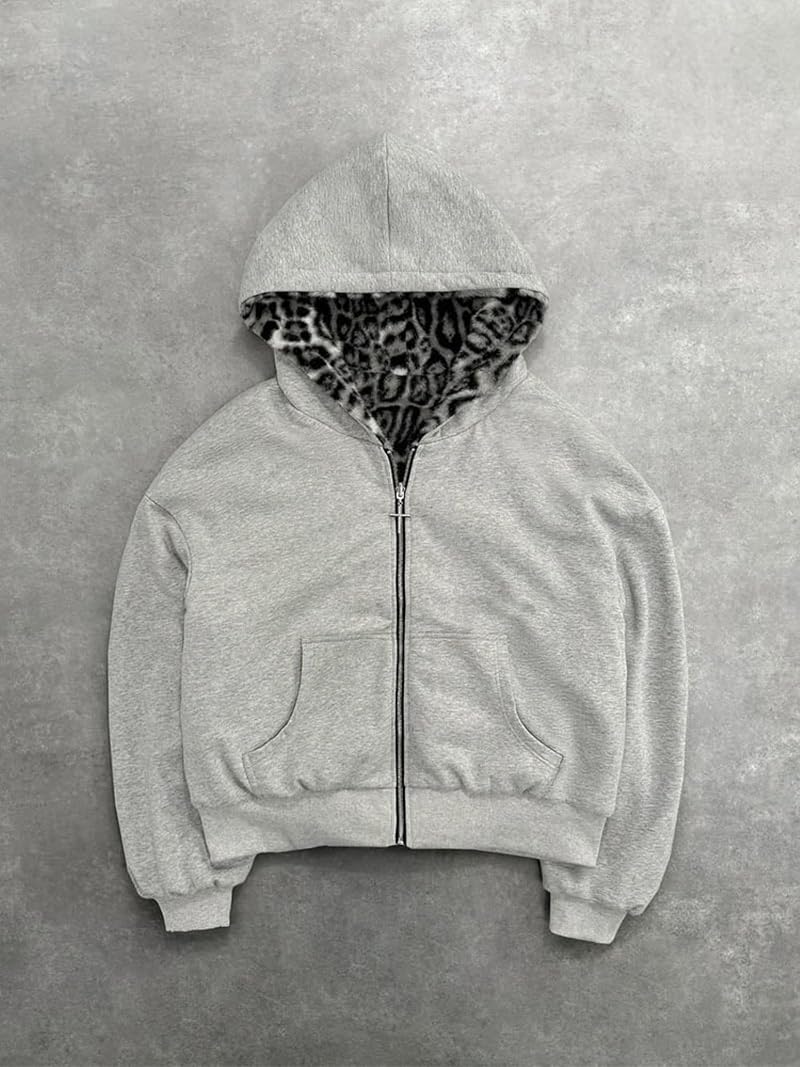 Leopard Print Reversible Hoodie Jacket - Grey Medium, CUTEGAL