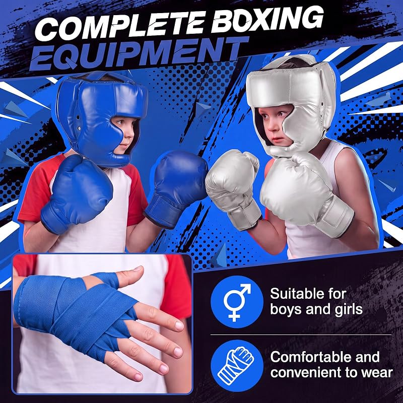 Kanayu Kids Boxing Gear Set - Blue & White, Includes Helmet Gloves Wraps