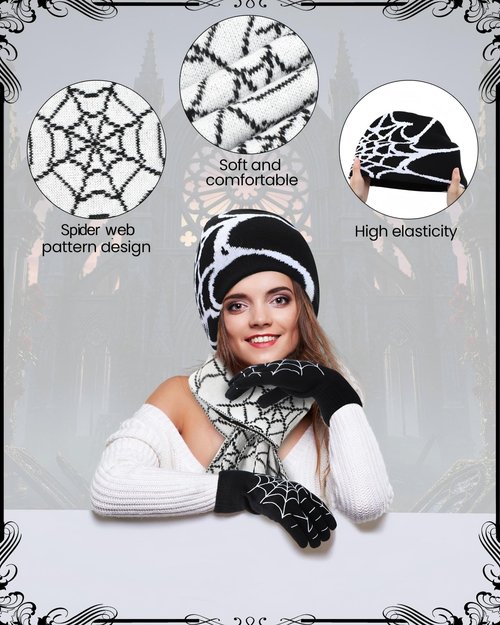 Shihanee 6 Pcs Y2k Beanies Set Spiderweb Pattern Include 2 Gothic Acrylic Knitted Hats/Gloves/Scarves, Stretchable Unisex Casual Streetwear Outdoor Winter for Men Women, Black, Red, White