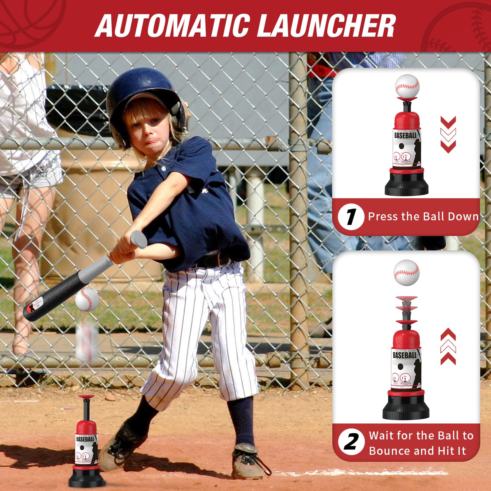 HYES 4 in 1 Kids Basketball Hoop and Tball Set 3-5, Basketball Goal with Scoreboard&LED, Hanging Tee Ball Stand with Baseball Pitching Machine, Indoor Outdoor Sport Toys for Boys 4-8