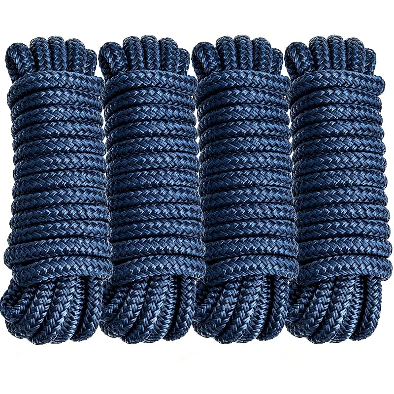 4 Pack 3/8" x 15' Double Braided Nylon Dock Lines – UV Guard, 4150 LBS, Eye Loop