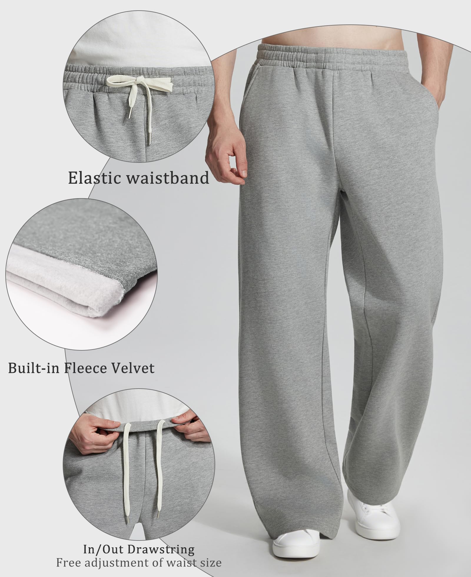 Susclude Baggy Sweatpants Men Wide Leg Fleece Lined Sweat Pants Heavyweight Slacks Elastic Lounge Loose Fit Oversize Pants Light Grey