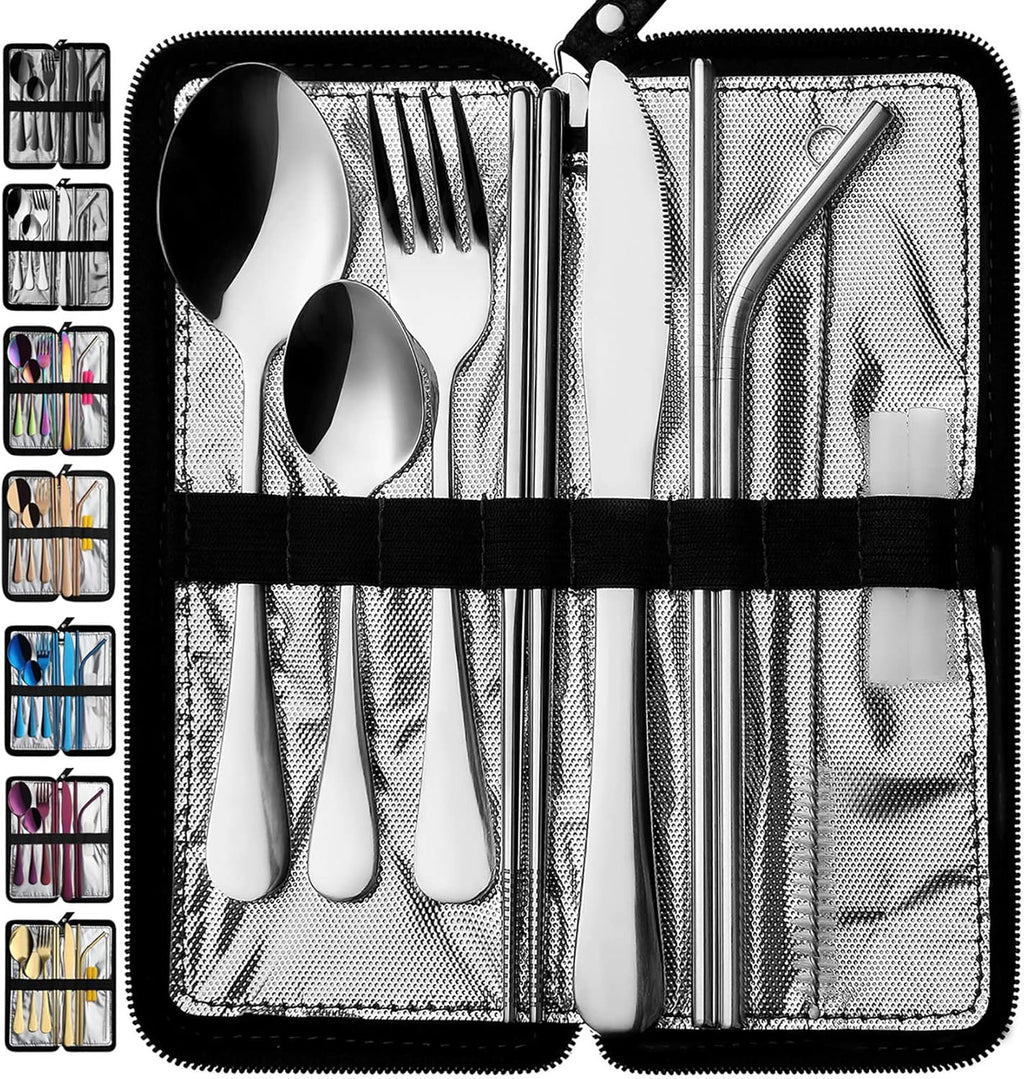 VANDBAO Portable Travel Utensils - Reusable Stainless Steel Flatware Set with Case | 9-Piece Silver Cutlery