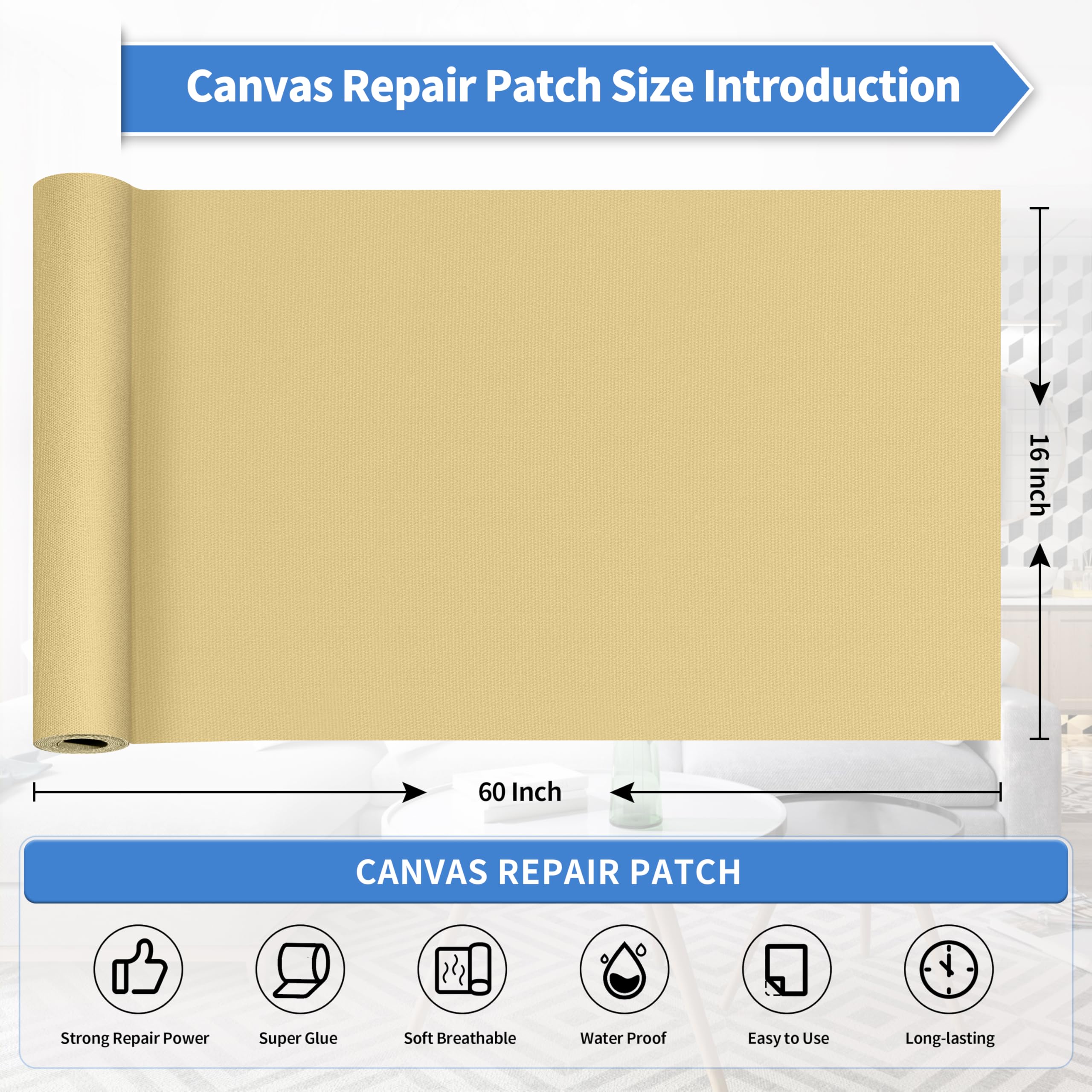 KING MOUNTAIN Canvas Repair Patch 16×60 Inch Self-Adhesive Waterproof Fabric Patch for Sofas, Tents, Furniture,Tote Bags, Car Seats (Beige-1)