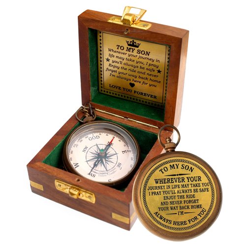 to My Son Engraved Brass Compass with Wooden Box – Inspirational Gift from Dad or Mom – Working Compass for Son – Graduation, Birthday, Christmas, Travel Keepsake Gift