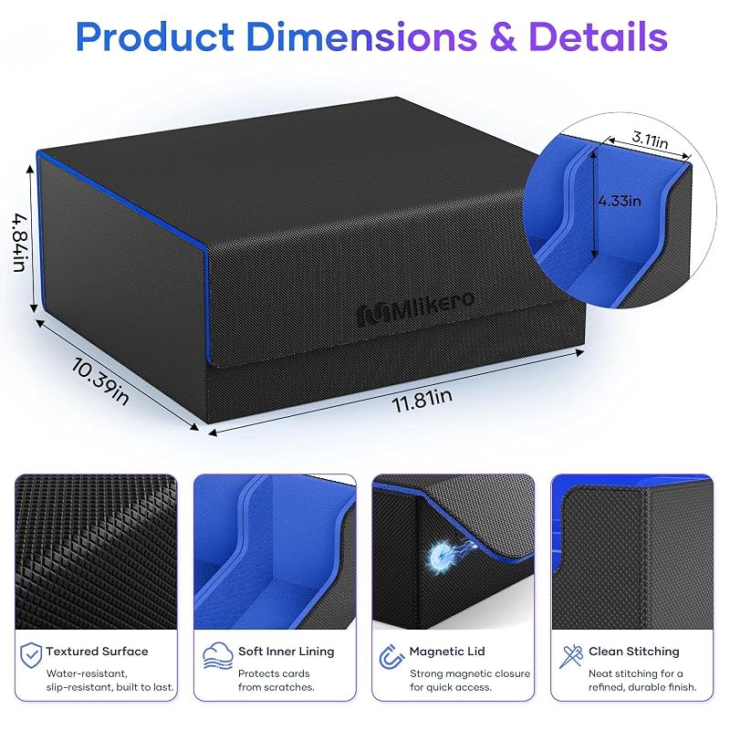 Mlikero 1800+ Card Deck Box A3-Blue+A-3 Row XL | Leather Magnetic Closure, Fits Toploaders