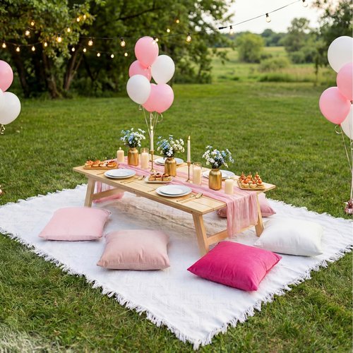 Moukeren 10 Pcs 71''x102'' Extra Large White Outdoor Boho Picnic Blanket with Pink Table Runner 8 Throw Pillow Cover Oversized Washable Portable Beach Blanket for Valentine Picnic Camp Lawn Wedding