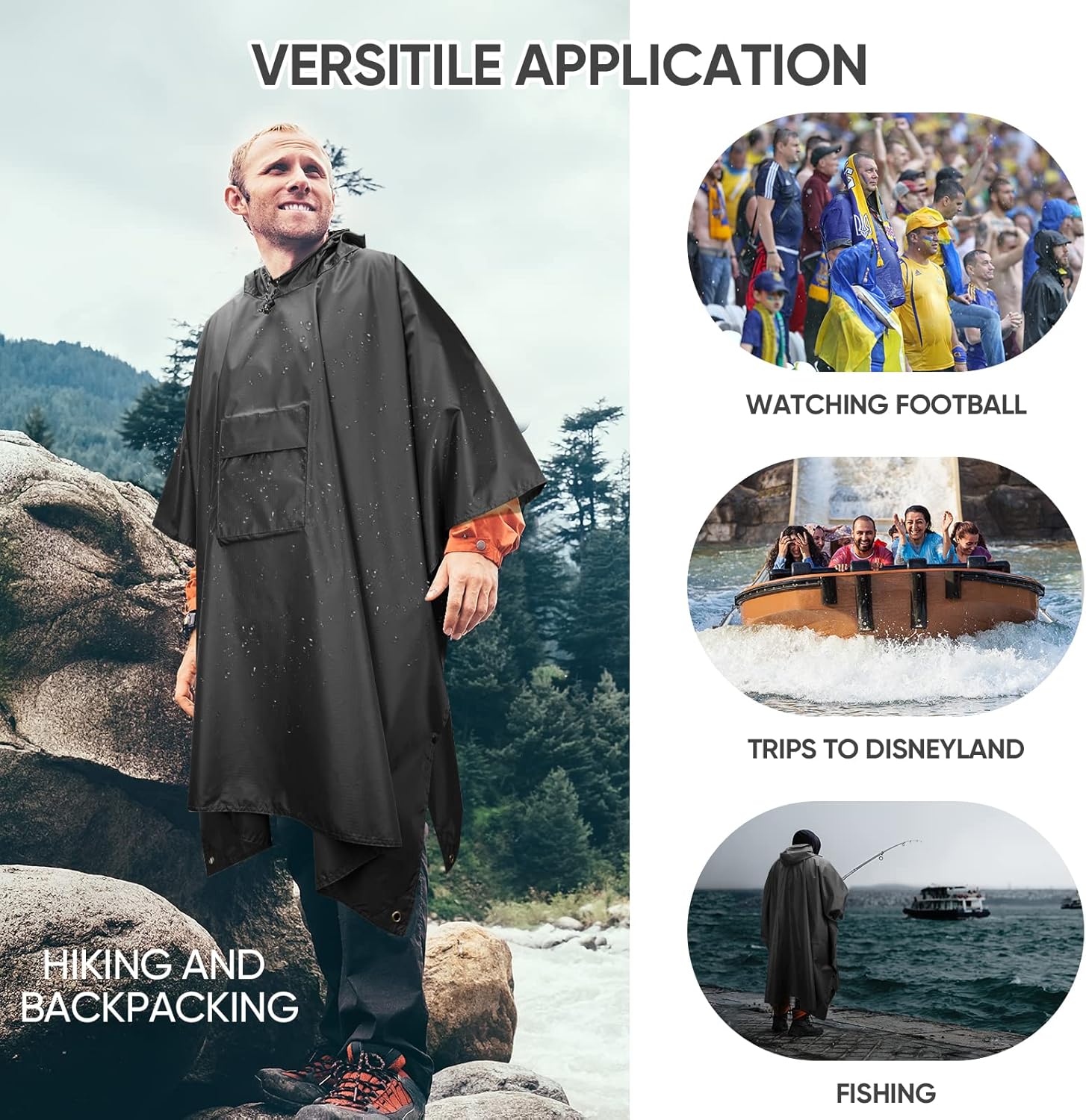 PTEROMY 3-in-1 Hooded Rain Poncho - Waterproof Lightweight Unisex Raincoat for Hiking & Camping