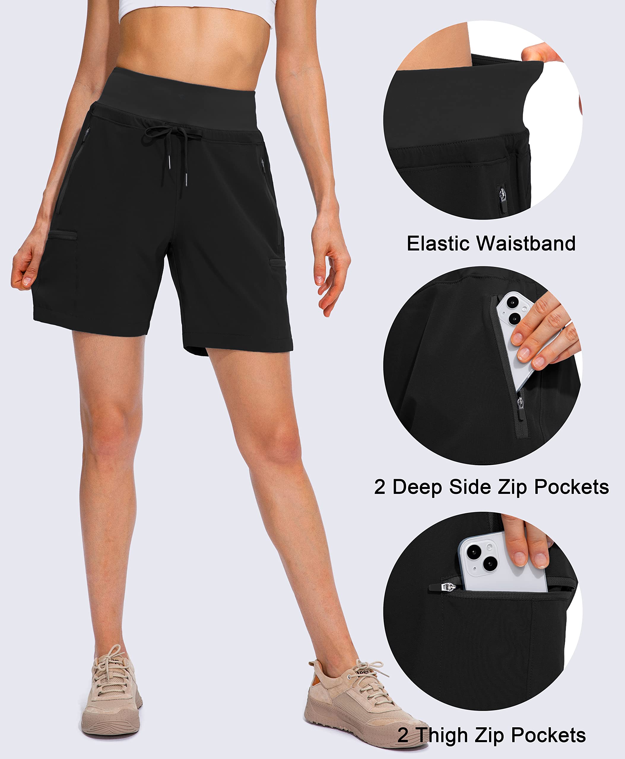 Obla Women's Hiking Cargo Shorts Zipper Pockets Soft High Waisted Quick Dry 7 Inch Long Shorts for Women Golf Athletic Summer (Black_XL)