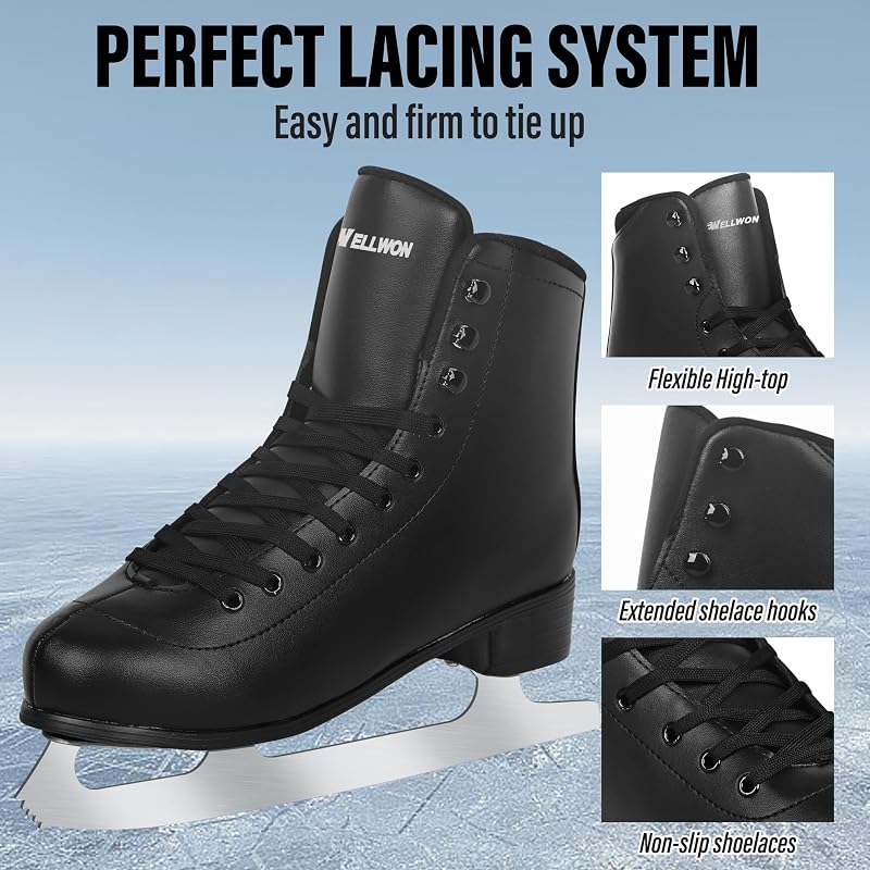 WELLWON Black Ice Skates for Women & Men, Figure Skating Shoes with Velvety Lining, US 10/8.5 – Indoor & Outdoor