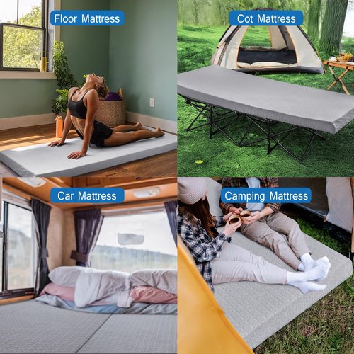 Memory Foam Camping Mattress Pad 3 Inch Thick, Portable Sleeping Pad with Waterproof Cover, Portable Roll Up Cot Mattress Pad Floor Mat for Travel Truck Bed Tent 72" x 24"x 3"