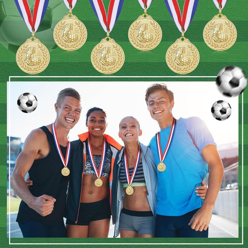 Yinkin 24-Piece Soccer Gold Award Medals Set - Metal Trophies with Red, White & Blue Ribbons for Team Competitions