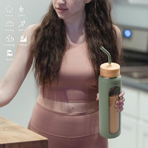 Kodrine 24 oz Glass Water Bottle - Bamboo Straw & Spout Lids with Handle | Time Marker for Sports & Travel