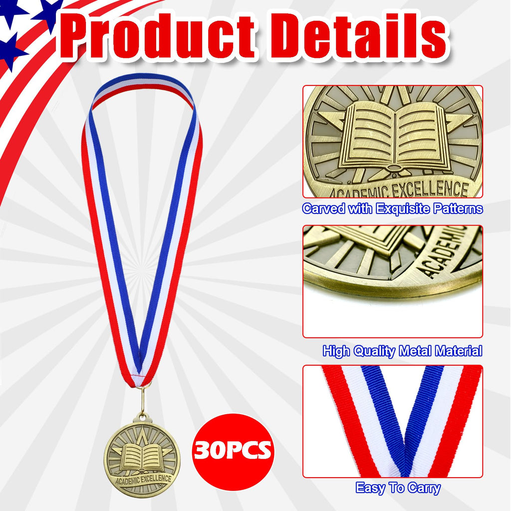 Quelay 30 Pcs 2'' Gold Awards Medals Bulk Winner Medals with Neck Ribbons Encourage Team Participation for Adults Trophy Award Prize Gift Competitions Graduation Party(Academic Excellence)