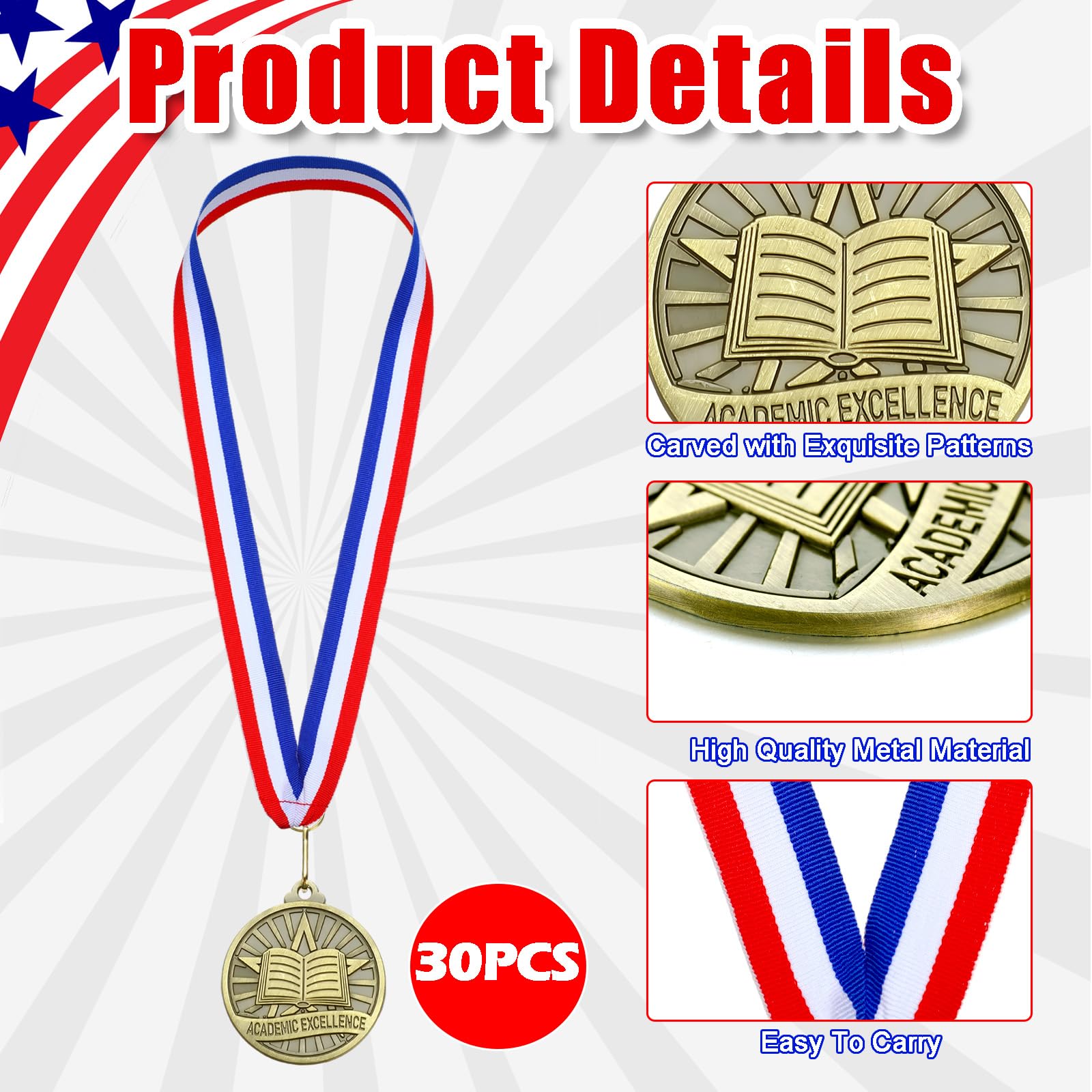 Quelay 30 Pcs 2'' Gold Awards Medals Bulk Winner Medals with Neck Ribbons Encourage Team Participation for Adults Trophy Award Prize Gift Competitions Graduation Party(Academic Excellence)