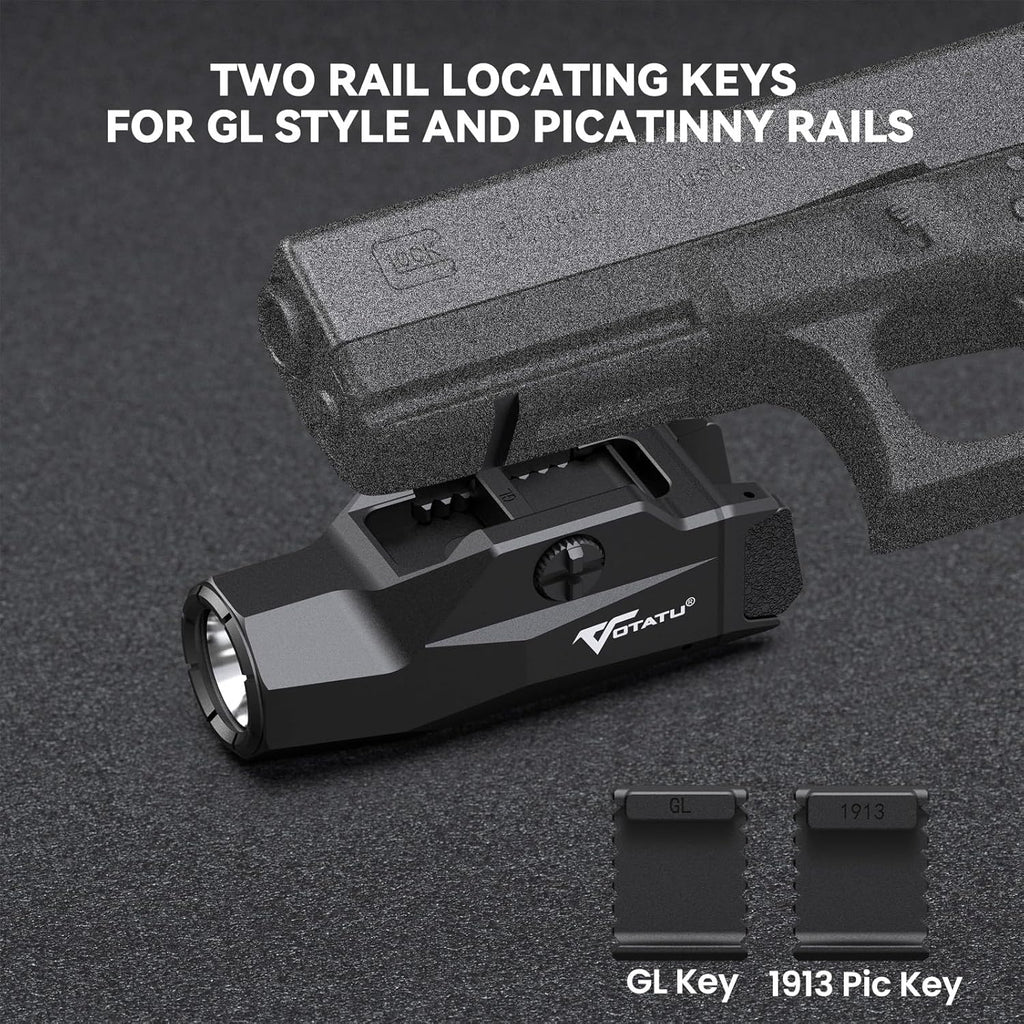 VOTATU HT20 Tactical Pistol Light - 1600 Lumens Adjustable Rail Keys for Compact & Full Size Guns | Rechargeable LED Flashlight