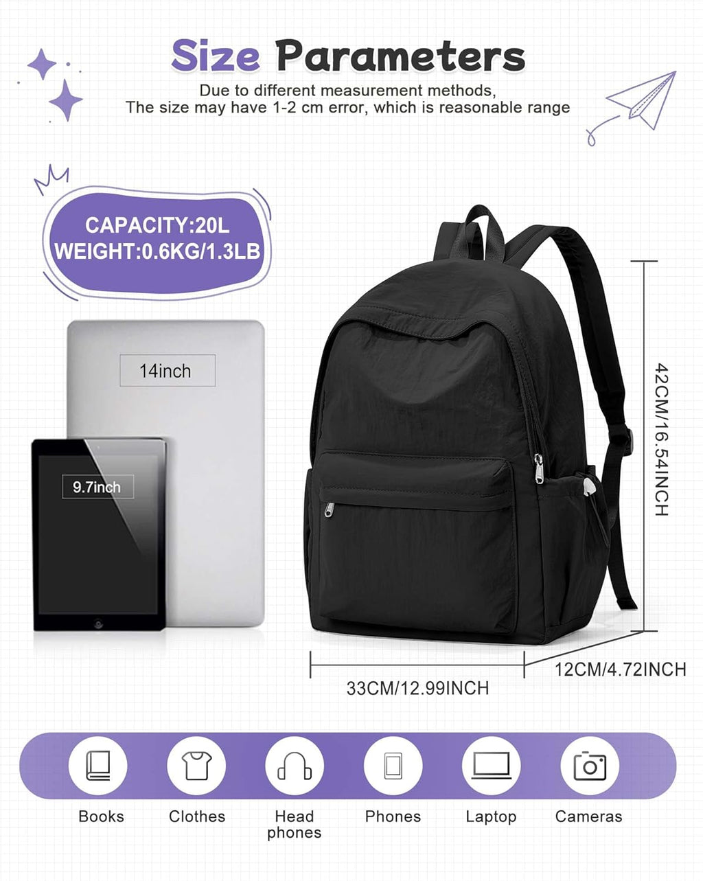 Skiennix Black Backpack - Lightweight School Bookbag for Teens & Adults | Casual Daypack