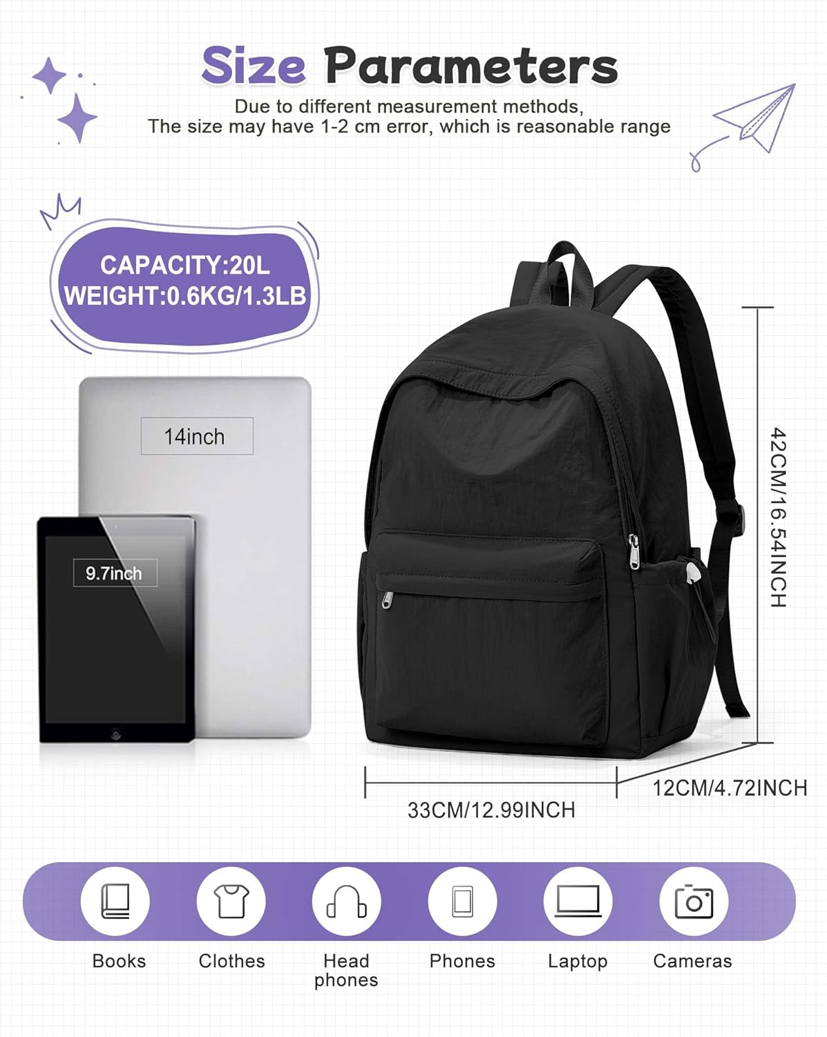 Skiennix Black Backpack - Lightweight School Bookbag for Teens & Adults | Casual Daypack