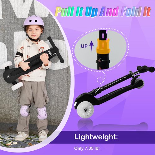 Rahmory 3-Wheel Light-Up Kids Scooter,20 Different Light Patterns,Three Adjustable Heights,Lean to Steer, Folding Scooter for Ages 3-8