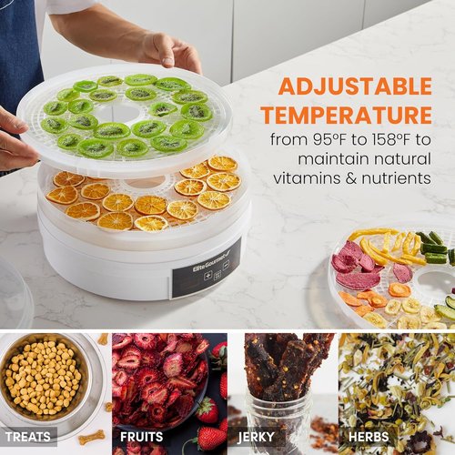 Elite Gourmet Digital Food Dehydrator - 5 BPA-Free Trays, Adjustable Timer & Temperature Control, White