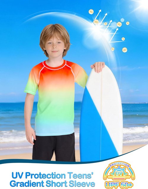 Boys' Rash Guard Swim Shirt, UPF 50+ Sun Protection Short Sleeve, Kids Youth Water Shirt for Swimming Surf Beach