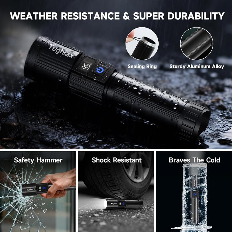 Rechargeable LED Flashlight 4 Pack with Power Display, 5 Modes, IPX5 Waterproof