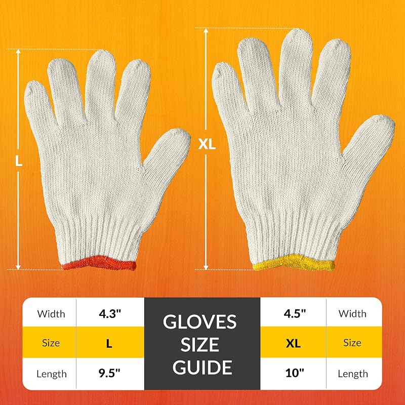 10 Inch Large Beige PolyCotton Work Gloves - Pack of 12, Elastic Wrist, Yellow Edge Line