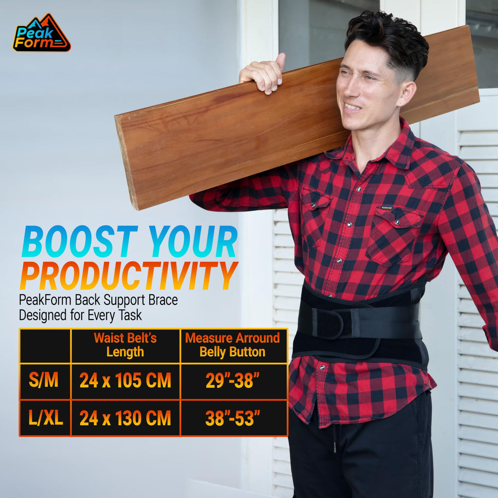 Peak Form Back Support Brace with Hot Cold Therapy - Lower Back Support For Men & Women | Ice Pack Lumbar Relief Belt | Heated Lifting at Work Backbrace Belts | Comfy Under Clothes Backsupport - L/XL