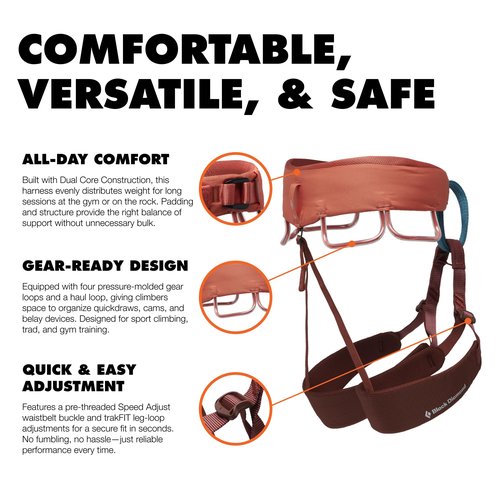 BLACK DIAMOND Women’s Momentum Rock Climbing Harness | Dual Core Construction | Adjustable Waist & Leg Loops | Lightweight Comfort | Baja Sunrise | Medium