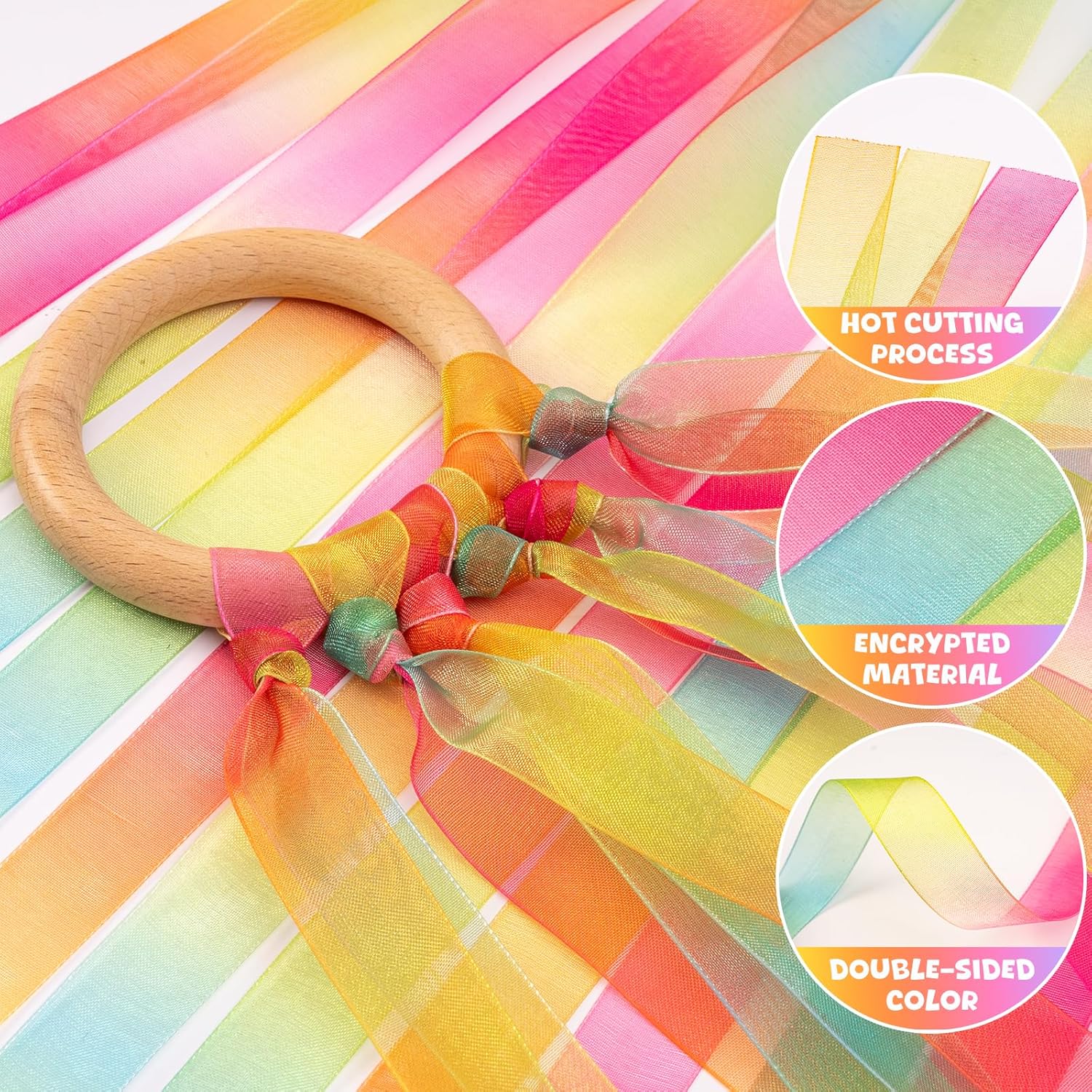 Skiennix Hand Kites - 2Pcs Colorful Dance Ribbons with Wood Ring for Gymnastics & Parties