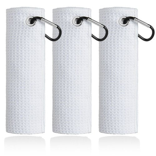 Mile High Life Microfiber Towel 3 Pack, 16" X 16", Waffle Pattern Design with Carabiner Clip, Super Absorbent, Small Towels, Golf Bag Accessories for Men and Women, Gift (White)