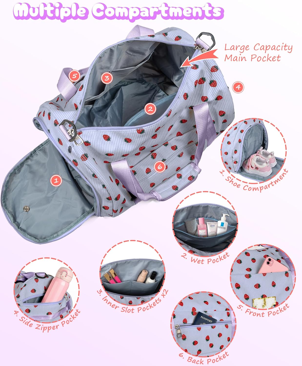 Skiennix Girls Gym Bag - Personalized Overnight Duffle with Shoe Compartment & Makeup Bag | Ideal Dance Recital Gift (Letter W)
