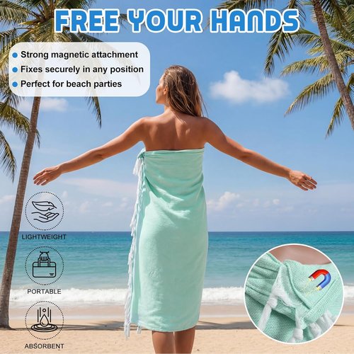 HunnmingRe Extra Large Magnetic Beach Towel - 39 x 71 Inch Oversized Sandproof Cotton Blanket | Green