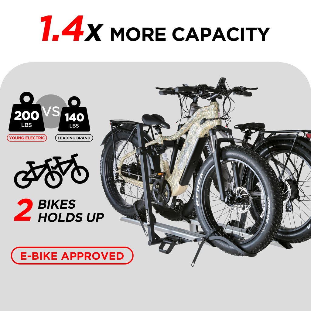 Young Electric Aluminum Hitch Mounted Bike Carrier 200 LBS Capacity for Standard Bikes and Ebikes, Fit Cars SUV Truck Trailer and RV