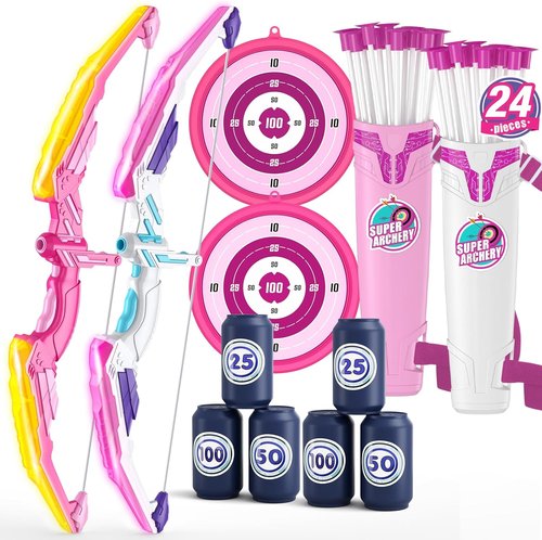 HYES Bow and Arrow Set for Kids - LED Light Up Archery with 24 Suction Cup Arrows & Targets | Ages 4-12