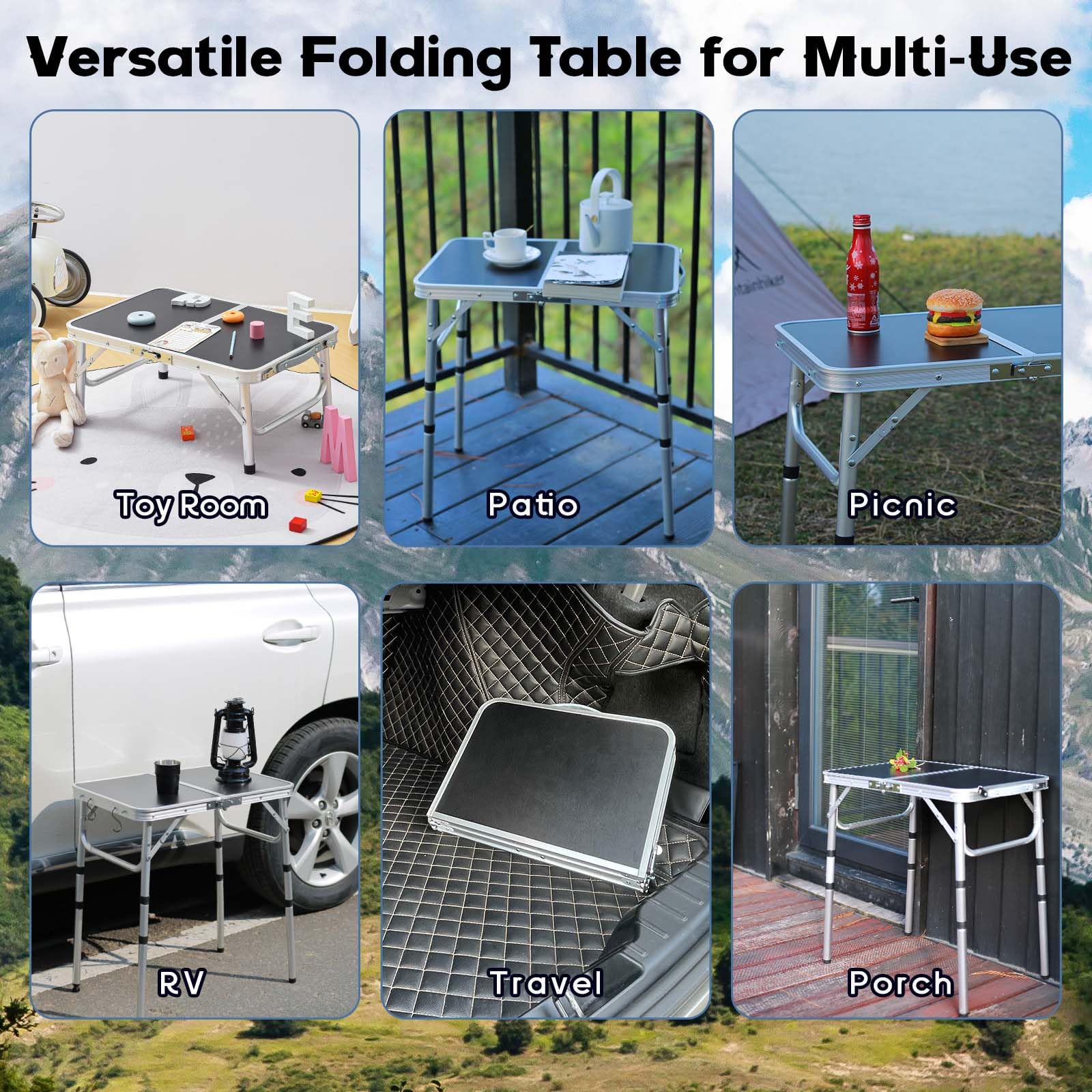 YihuiKo Small Folding Table, Aluminum 24" x 16" Adjustable Height Max 27.5" Folding Camping Table with Carrying Handle, Lightweight, Portable Camp Table for Outdoor Indoor Picnic Beach, Black