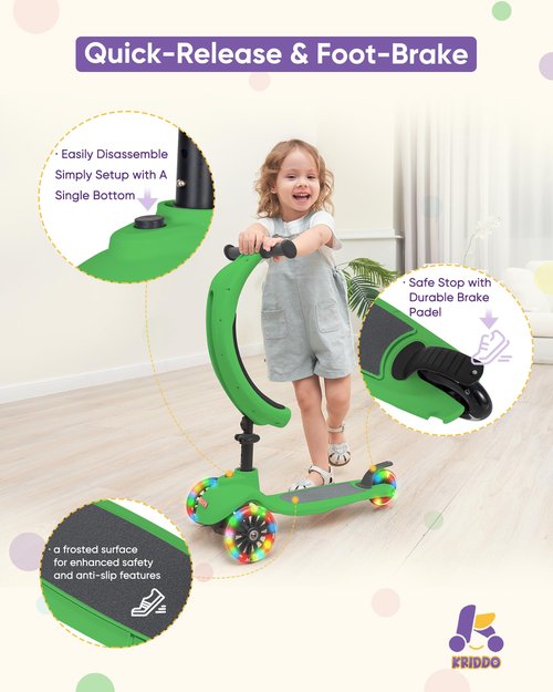 KRIDDO 5-in-1 Kids Kick Scooter, Lean-to-Steer, Toddler Toy Scooter with Adjustable Height, 3 Lighted Wheels, Ideal for Indoor & Outdoor, Gift for Kids Ages 1-5 Years, Green