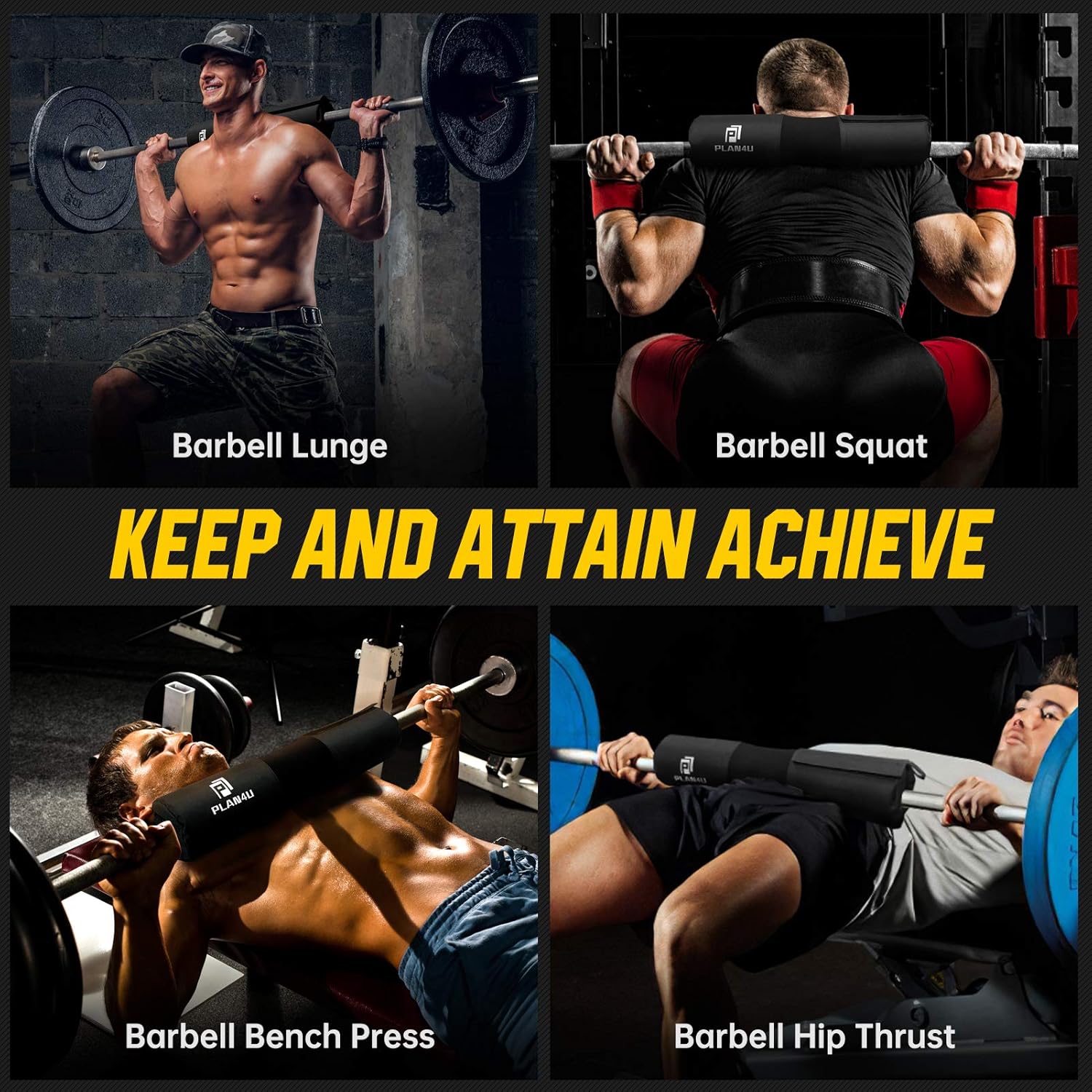 Plan4U Barbell Pad Set - Upgraded Foam Cushion for Squats & Hip Thrusts | Anti-Slip Support for Standard & Olympic Bars
