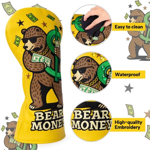 Golf Club Cover Exquisite Embroidery Dollar Bears Driver Covers Fariway Wood Headcover Hybrid Cover Leather Golf Headcovers for Men Women Gift(for Hybrid)