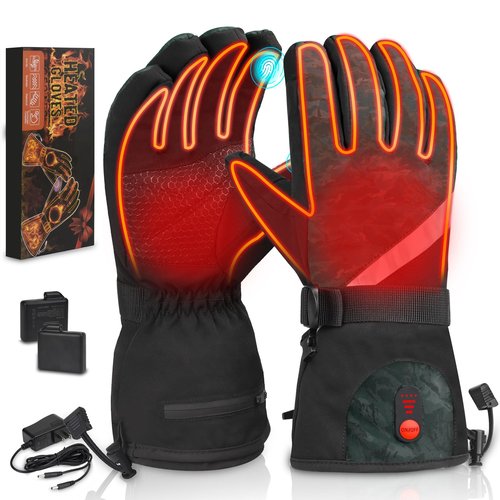 Heated Gloves Camouflage, 7.4V 3200mAh Rechargeable Heated Gloves for Men Women, Waterproof Touchscreen Electric Heating Gloves for Cold Weather Motorcycle Skiing Snowboarding Hiking Hunting Gifts