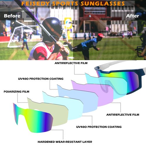 FEISEDY Sunglasses Sports Mens Women, Baseball Cycling Mirrored Goggles, Hiking Running UV400 Protection B0034