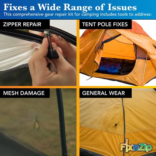 FixnZip FixATent Essentials | Complete Tent Repair Kit with Zipper Slider, Pole Splints, Shock Cord, Screen Patches, Duct Tape & Carabiner | All-in-One Camping Gear Repair & Emergency Tent Fix Kit