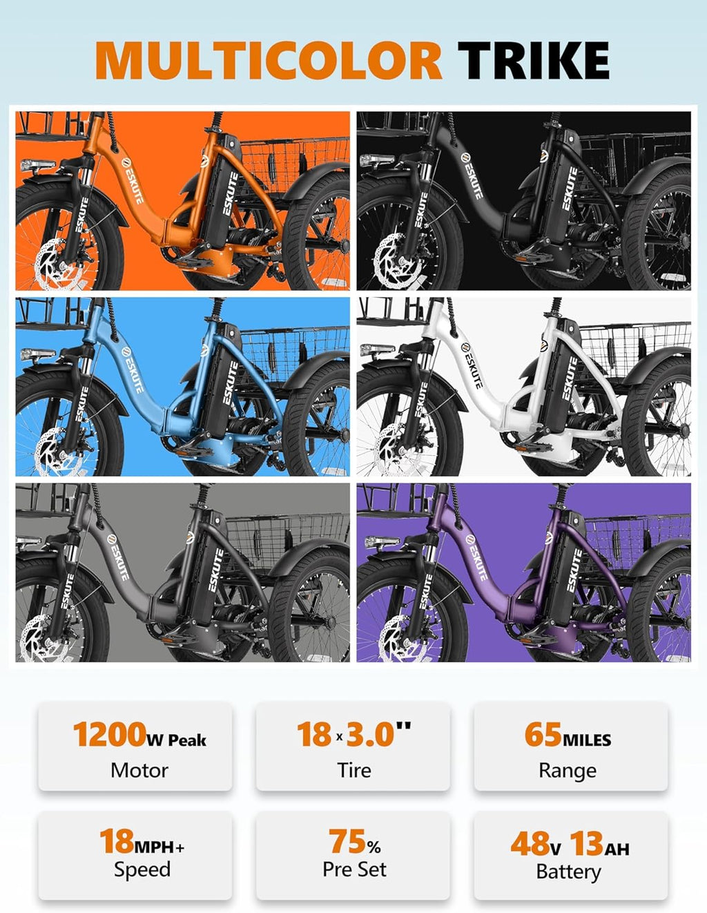 T300 Electric Trike Bike - 1200W Motor & 624Wh Battery | Foldable 3-Wheel E-Bike for Adults, 65-Mile Range