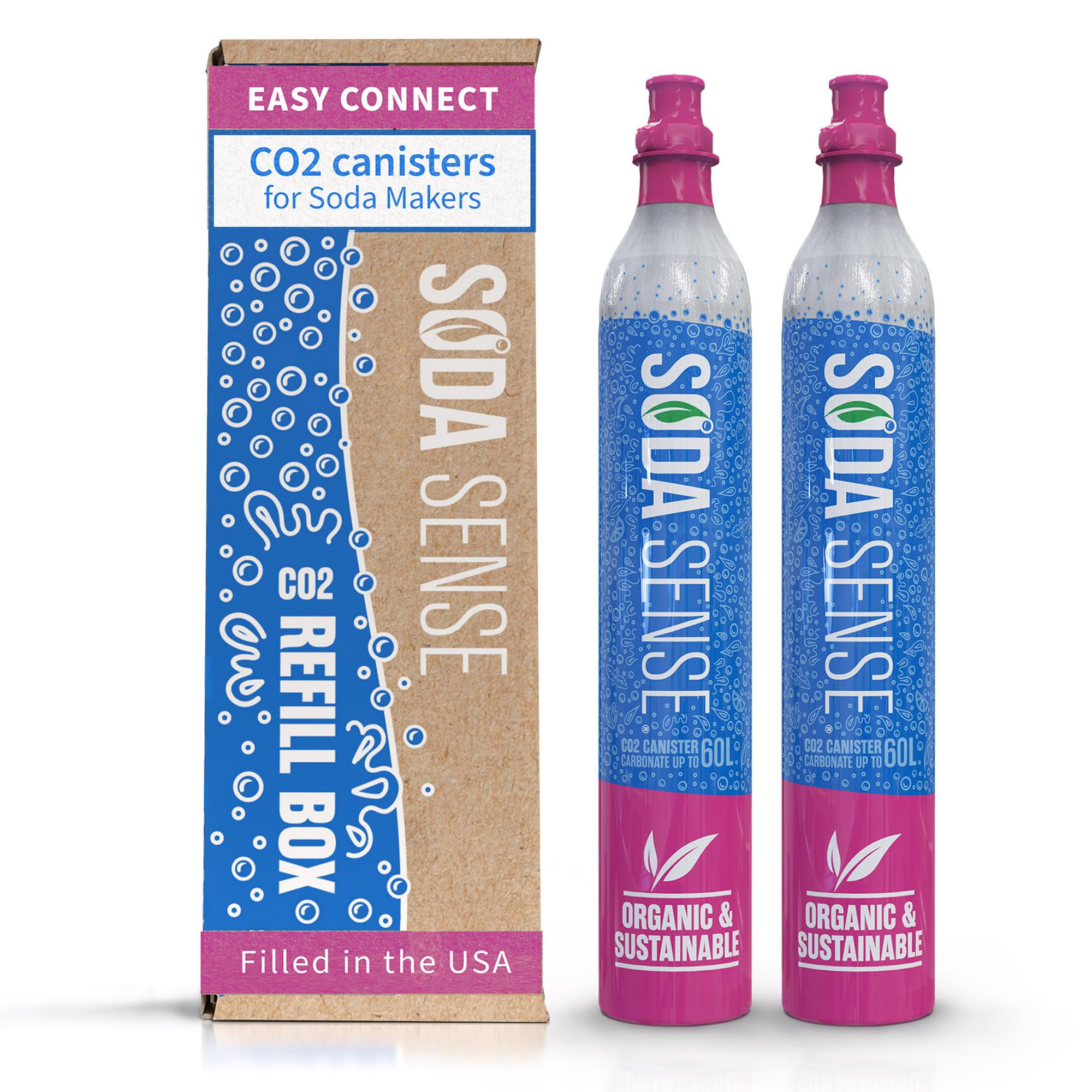 Soda Sense 60L CO2 Exchange Canister - 2 Pack, Threaded Style - Compatible with All 'Screw-In' Soda/Sparkling Water Makers, Including SodaStream BLUE Cylinder Models, Ninja Thirsti, Philips & More