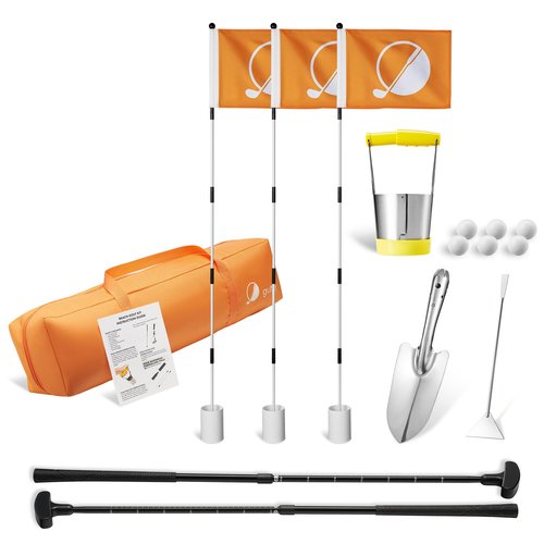 Golf & Mini Golf Complete Setup, 3X Pin Flags & Putting Green Hole Cups, 2X Adjustable Putters, Digger, Hole Cutter & More, for Grass Backyard, Beach, Driving Range Gift Set